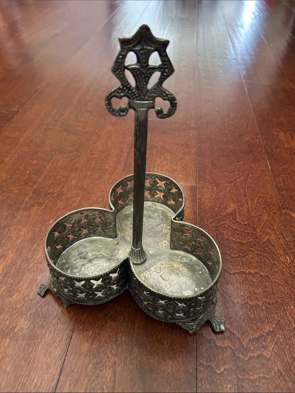 Vintage Persian Ornate Three-Compartment Caddy in Aged Silver Finish